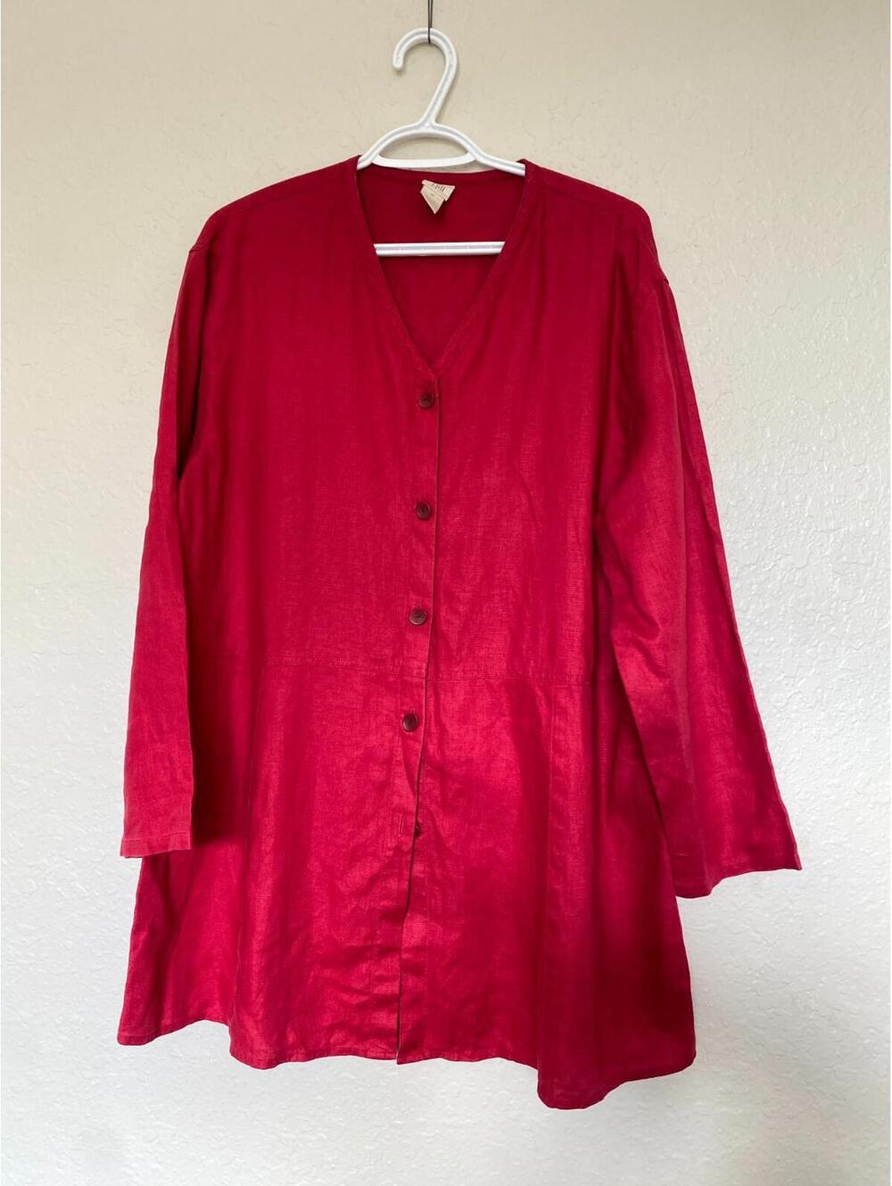 J Jill Love Linen Button Up Tunic Top Size M Hot Pink Fushia Minimalist